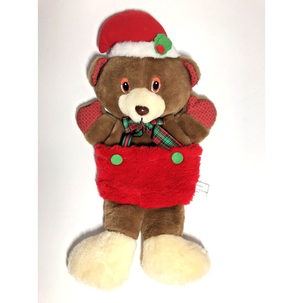 Vintage Christmas Stocking Plush Teddy Bear Tan Brown Red Overalls Santa hat 18"